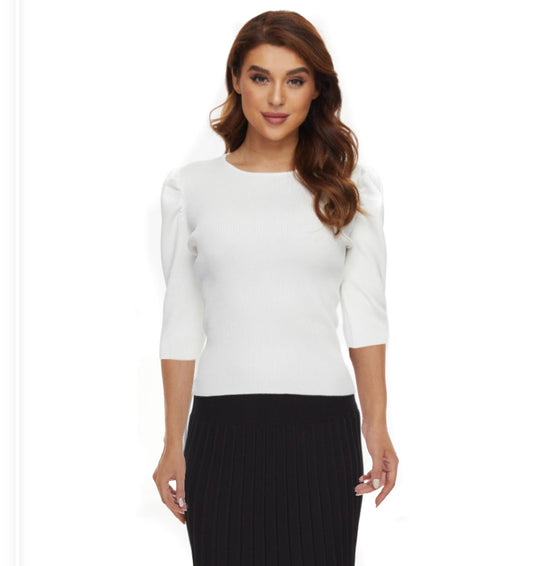 MM PUFFED SLEEVE RIBBED TOP 1/2 SLEEVE