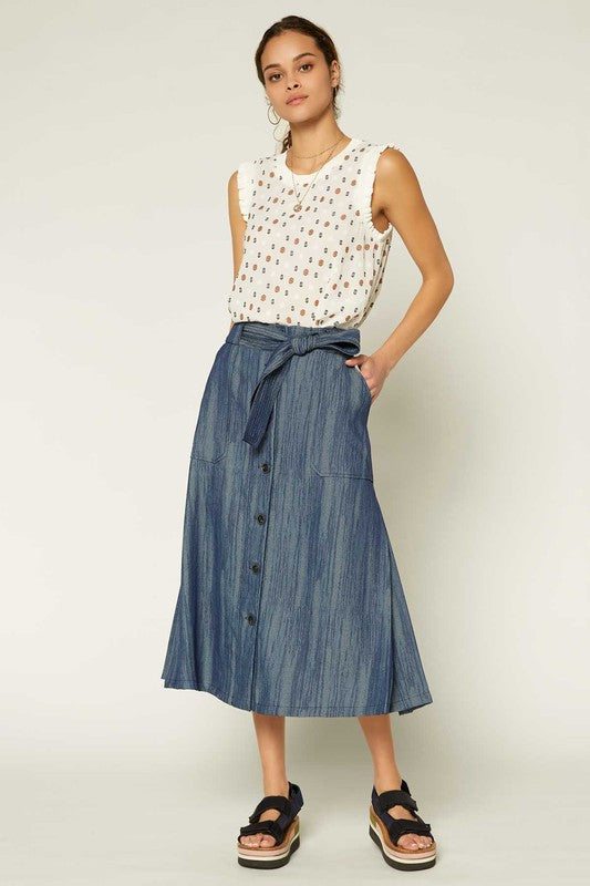 MIDI BUTTON DOWN DENIM SKIRT