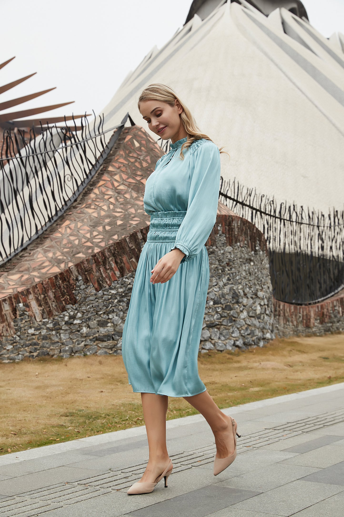 GATHERED MIDDLE AQUA DRESS byMM