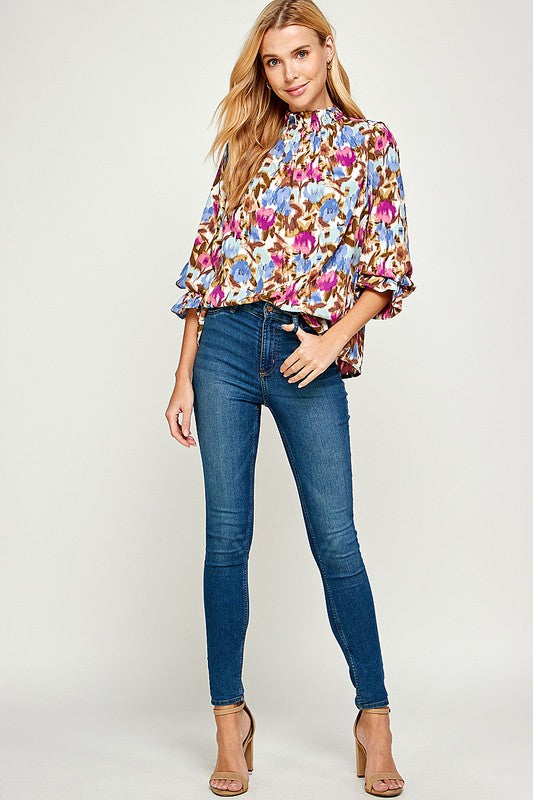 MOCK RUFFLE NECK FLORAL BLOUSE