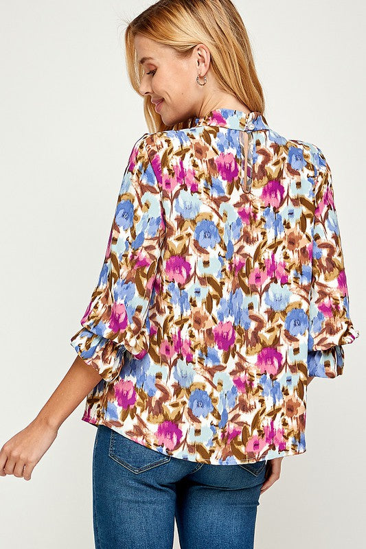 MOCK RUFFLE NECK FLORAL BLOUSE