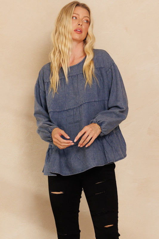 Tiered Washed Denim Blouse