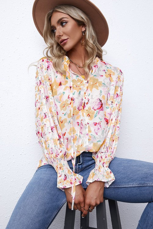 YELLOW FLORAL TIE FRONT TOP