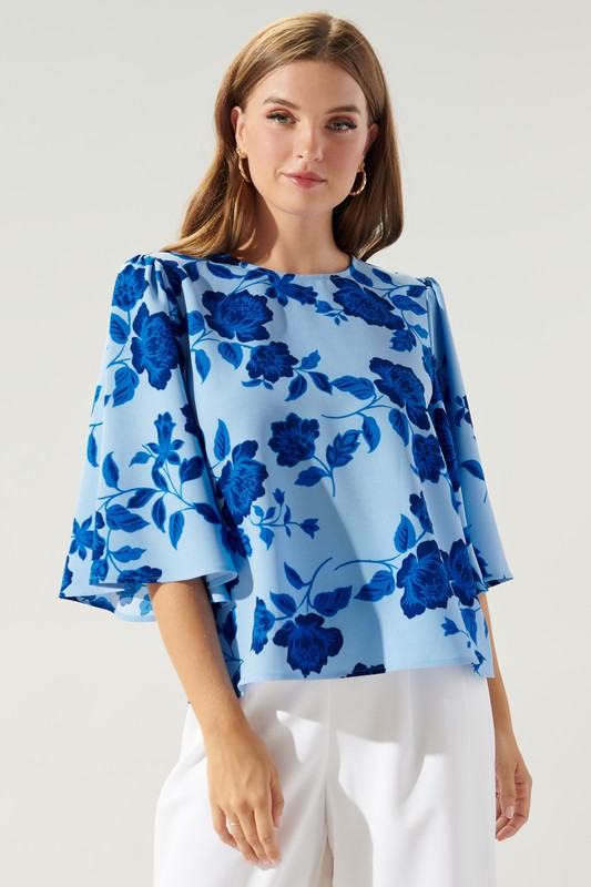 FLUTTER SLEEVE BLUE FLORAL BLOUSE