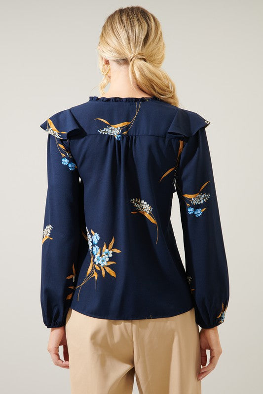 NAVY FLORAL V NECK BLOUSE