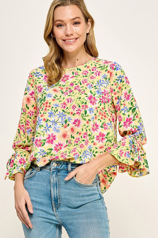 TIE SLEEVE FLORAL BLOUSE