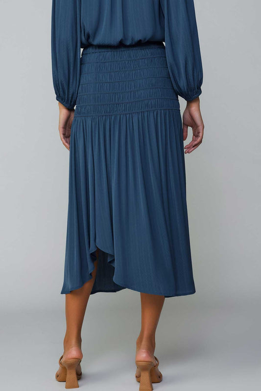 FRENCH NAVY SMOCKED WAIST WITH DIAGONAL CUT MIDI SKIRT