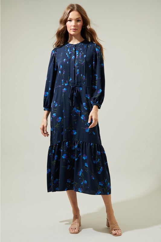 MIDI DRAWSTRING WAIST FLORAL DRESS