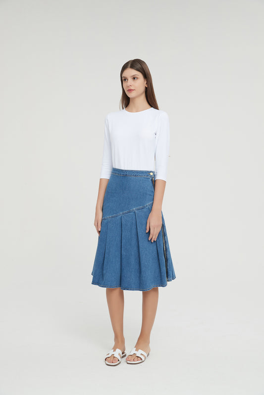 HALF PLEAT JEAN SKIRT byMM - BLUE DENIM