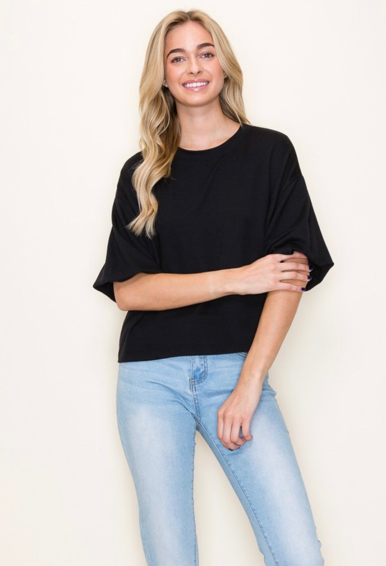 RIBBED PUFFY SLEEVE 3/4 SLEEVE TOP