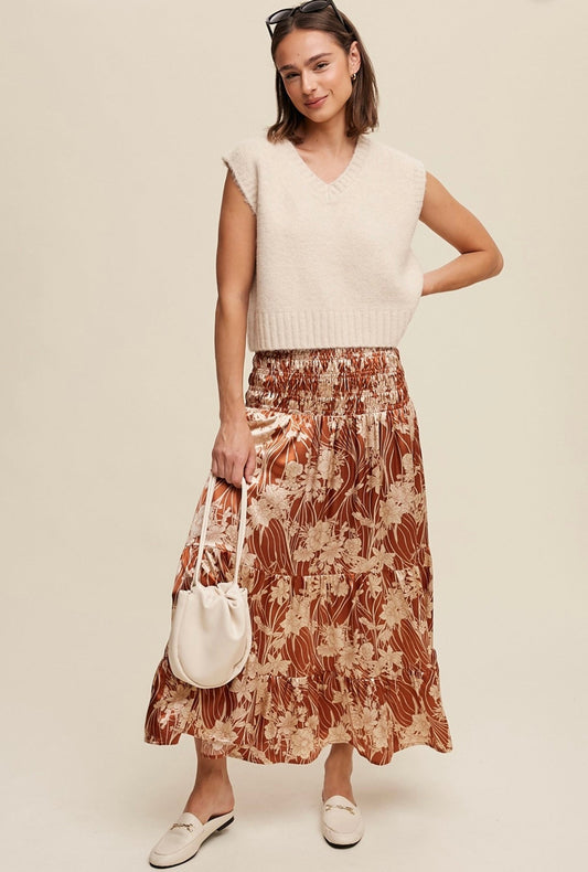 FLORAL PRINT TIERED SMOCK SATIN SKIRT TO DRESS