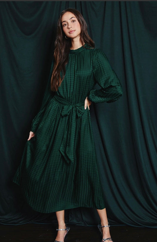 HOUNDSTOOTH SATIN MIDI DRESS