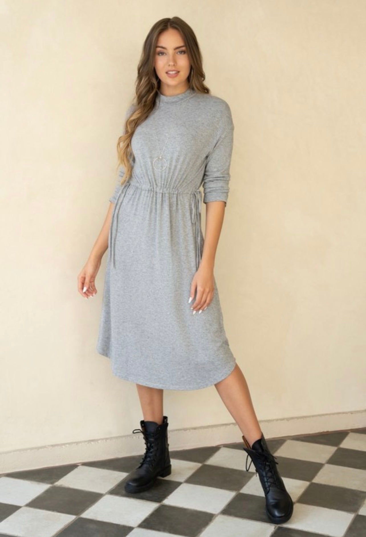 SOFT KNIT LONG SLEEVE DRESS WITH WAIST DRAWSTRING