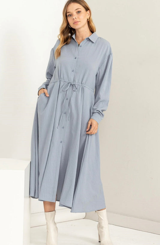 TIE WAIST BUTTON FRONT MIDI DRESS