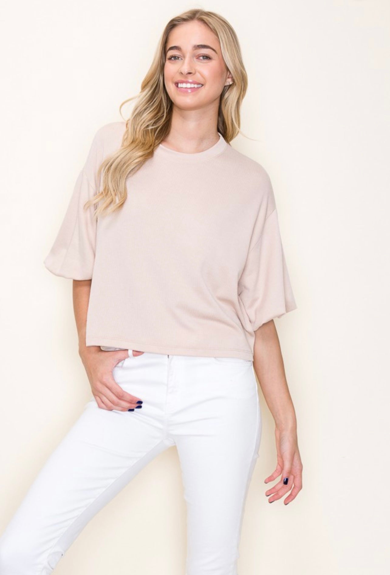 RIBBED PUFFY SLEEVE 3/4 SLEEVE TOP