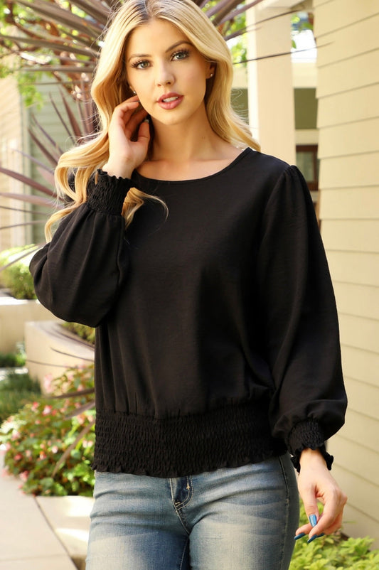SMOCKED HEM LONG SLEEVE SOLID WOVEN TOP
