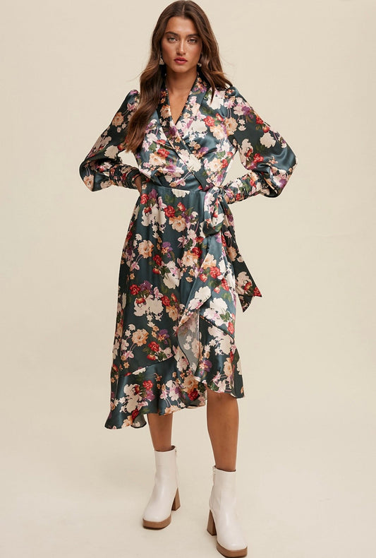 FLORAL PRINT LONG SLEEVE SATIN WRAP MIDI DRESS