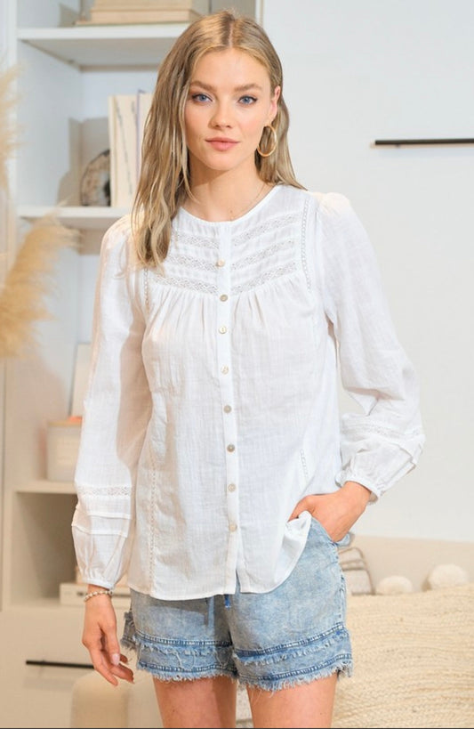 BUTTONED COTTON BLOUSE WITH LACE TRIM