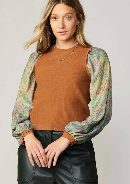 FLORAL PRINT SLEEVE CAMEL VEST SWEATER