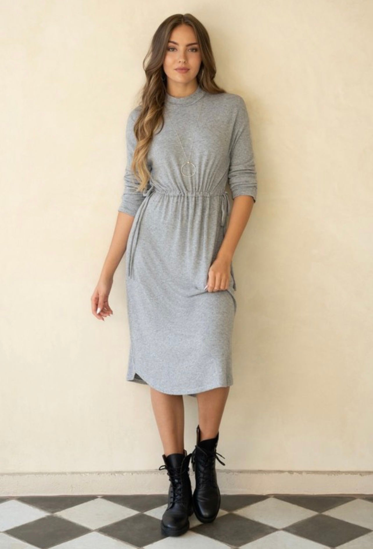 SOFT KNIT LONG SLEEVE DRESS WITH WAIST DRAWSTRING