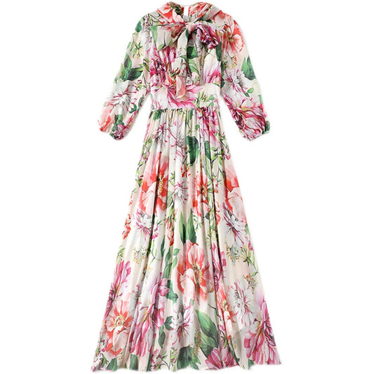 TIE NECK STUNNING FLORAL CHIFFON DRESS