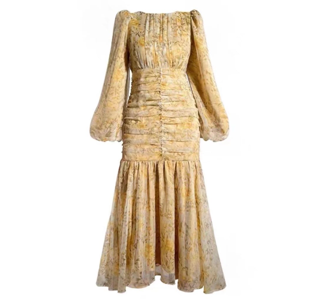 YELLOW FLORAL RUCHED DRESS