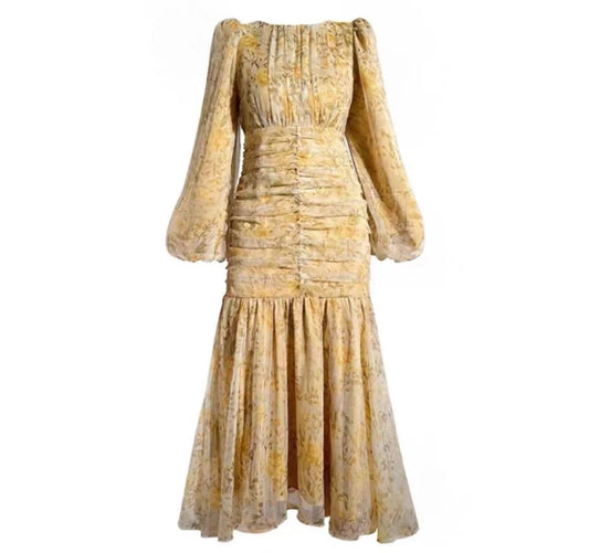 YELLOW FLORAL RUCHED DRESS
